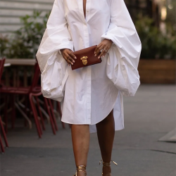 Statement Puff Sleeves Loose Pleated Split-Side Solid Color Lapel Collar Midi Dresses