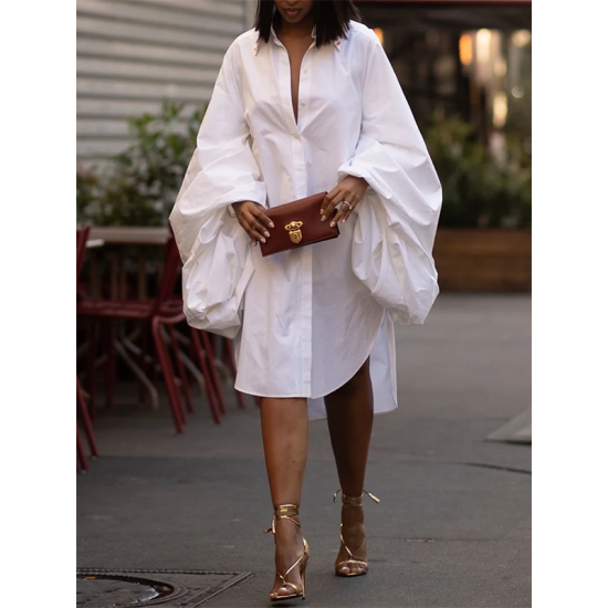 Statement Puff Sleeves Loose Pleated Split-Side Solid Color Lapel Collar Midi Dresses Statement Puff Sleeves Loose Pleated Split-Side Solid Color Lapel Collar Midi Dresses