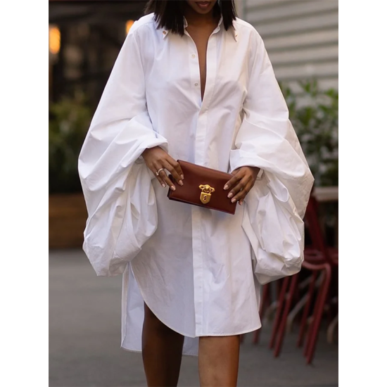 Statement Puff Sleeves Loose Pleated Split-Side Solid Color Lapel Collar Midi Dresses Statement Puff Sleeves Loose Pleated Split-Side Solid Color Lapel Collar Midi Dresses