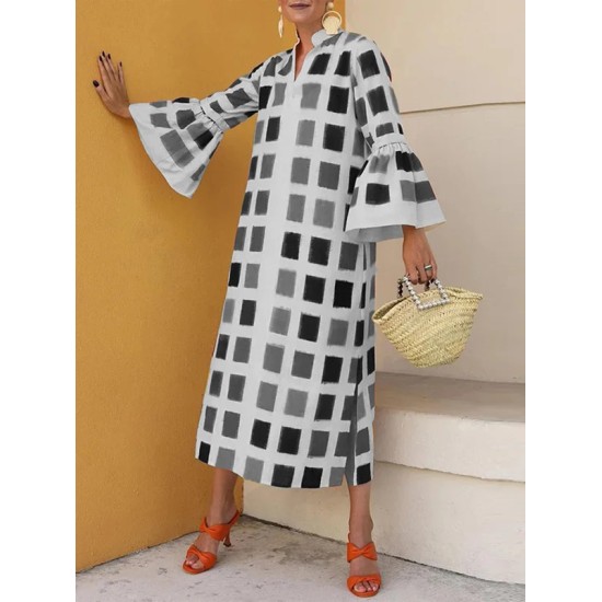 Original Flared Sleeves Split-Joint Multi-Colored Plaid Midi Dress Original Flared Sleeves Split-Joint Multi-Colored Plaid Midi Dress