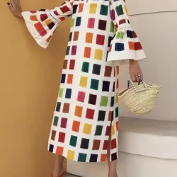 Original Flared Sleeves Split-Joint Multi-Colored Plaid Midi Dress