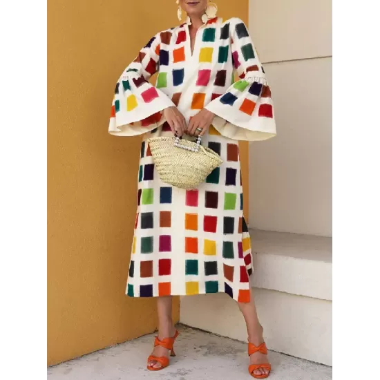 Original Flared Sleeves Split-Joint Multi-Colored Plaid Midi Dress Original Flared Sleeves Split-Joint Multi-Colored Plaid Midi Dress