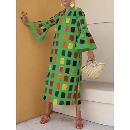 Original Flared Sleeves Split-Joint Multi-Colored Plaid Midi Dress Original Flared Sleeves Split-Joint Multi-Colored Plaid Midi Dress