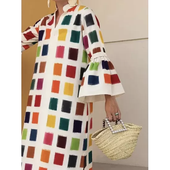 Original Flared Sleeves Split-Joint Multi-Colored Plaid Midi Dress Original Flared Sleeves Split-Joint Multi-Colored Plaid Midi Dress
