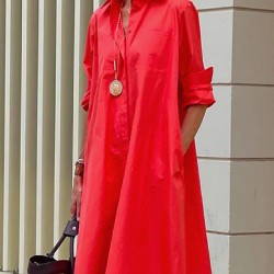 Simple Long Sleeves Solid Color Lapel Midi Dress