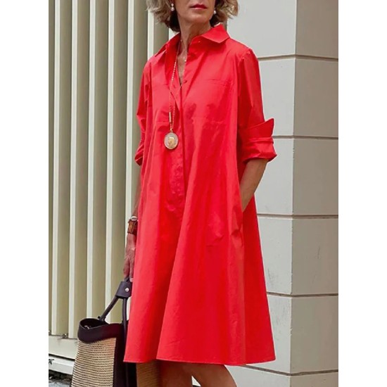 Simple Long Sleeves Solid Color Lapel Midi Dress Simple Long Sleeves Solid Color Lapel Midi Dress
