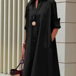 Simple Long Sleeves Solid Color Lapel Midi Dress