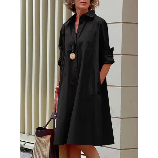 Simple Long Sleeves Solid Color Lapel Midi Dress Simple Long Sleeves Solid Color Lapel Midi Dress