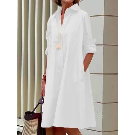 Simple Long Sleeves Solid Color Lapel Midi Dress Simple Long Sleeves Solid Color Lapel Midi Dress