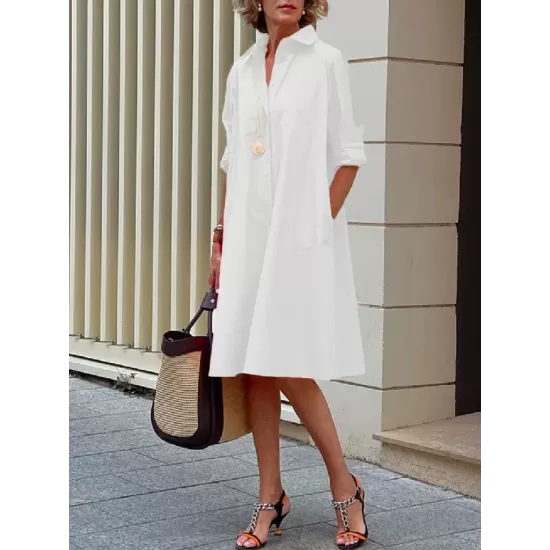 Simple Long Sleeves Solid Color Lapel Midi Dress Simple Long Sleeves Solid Color Lapel Midi Dress