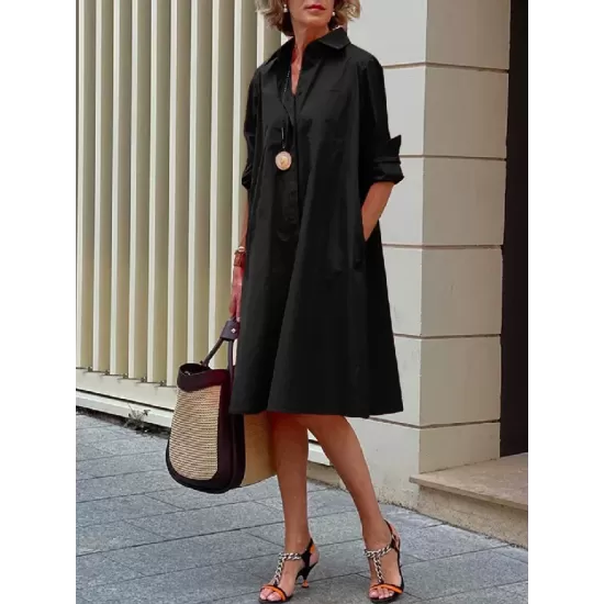 Simple Long Sleeves Solid Color Lapel Midi Dress Simple Long Sleeves Solid Color Lapel Midi Dress