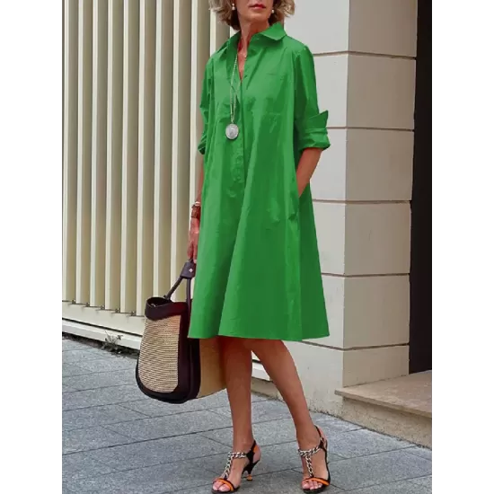Simple Long Sleeves Solid Color Lapel Midi Dress Simple Long Sleeves Solid Color Lapel Midi Dress
