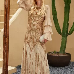 Vintage Flared Sleeves Sequined Round-Neck Midi Dress