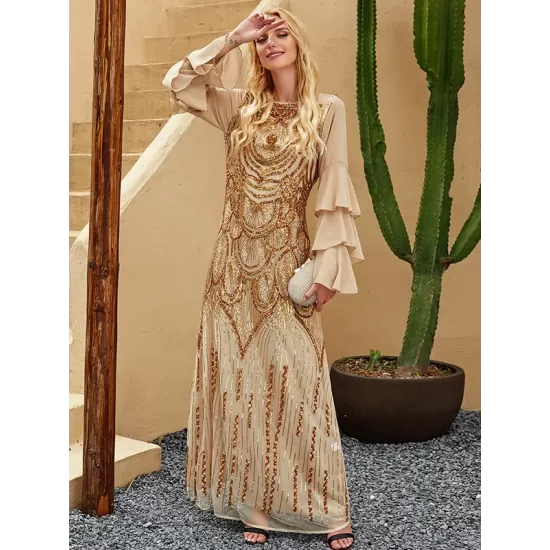 Vintage Flared Sleeves Sequined Round-Neck Midi Dress Vintage Flared Sleeves Sequined Round-Neck Midi Dress
