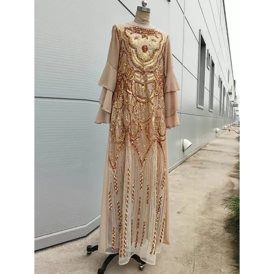 Vintage Flared Sleeves Sequined Round-Neck Midi Dress Vintage Flared Sleeves Sequined Round-Neck Midi Dress