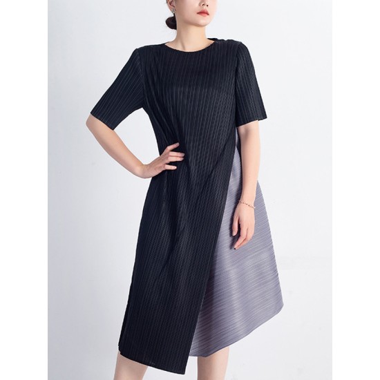 Loose Contrast Color Pleated Round-Neck Midi Dresses Loose Contrast Color Pleated Round-Neck Midi Dresses