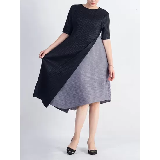 Loose Contrast Color Pleated Round-Neck Midi Dresses Loose Contrast Color Pleated Round-Neck Midi Dresses