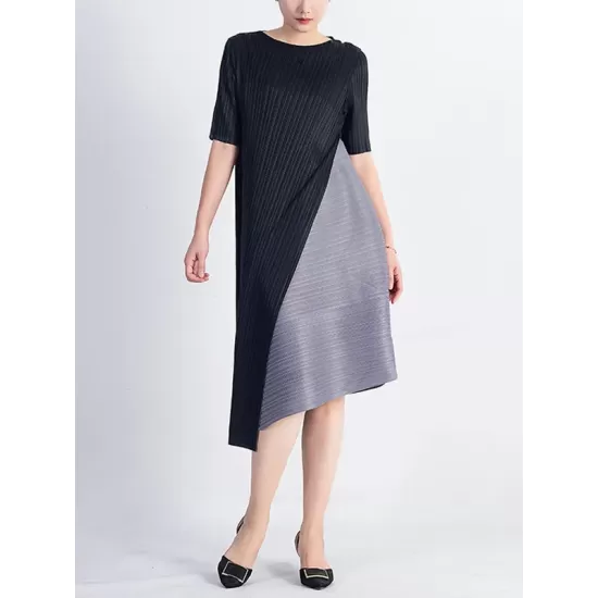 Loose Contrast Color Pleated Round-Neck Midi Dresses Loose Contrast Color Pleated Round-Neck Midi Dresses