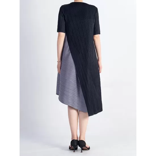 Loose Contrast Color Pleated Round-Neck Midi Dresses Loose Contrast Color Pleated Round-Neck Midi Dresses