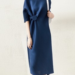 Stylish Irregularity Loose Pleated Solid Color Round-Neck Midi Dresses