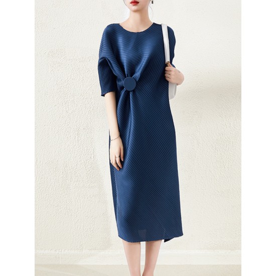Stylish Irregularity Loose Pleated Solid Color Round-Neck Midi Dresses Stylish Irregularity Loose Pleated Solid Color Round-Neck Midi Dresses