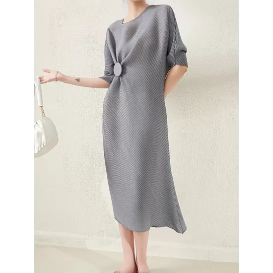Stylish Irregularity Loose Pleated Solid Color Round-Neck Midi Dresses Stylish Irregularity Loose Pleated Solid Color Round-Neck Midi Dresses