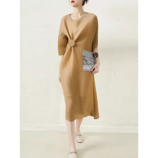 Stylish Irregularity Loose Pleated Solid Color Round-Neck Midi Dresses Stylish Irregularity Loose Pleated Solid Color Round-Neck Midi Dresses