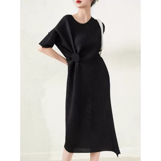 Stylish Irregularity Loose Pleated Solid Color Round-Neck Midi Dresses Stylish Irregularity Loose Pleated Solid Color Round-Neck Midi Dresses