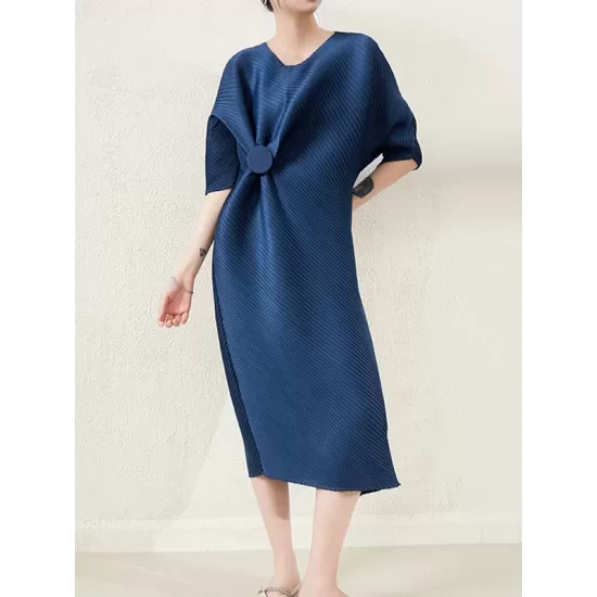 Stylish Irregularity Loose Pleated Solid Color Round-Neck Midi Dresses Stylish Irregularity Loose Pleated Solid Color Round-Neck Midi Dresses