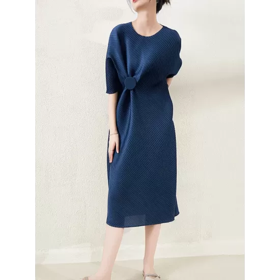 Stylish Irregularity Loose Pleated Solid Color Round-Neck Midi Dresses Stylish Irregularity Loose Pleated Solid Color Round-Neck Midi Dresses