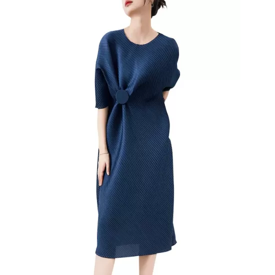 Stylish Irregularity Loose Pleated Solid Color Round-Neck Midi Dresses Stylish Irregularity Loose Pleated Solid Color Round-Neck Midi Dresses