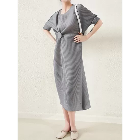 Stylish Irregularity Loose Pleated Solid Color Round-Neck Midi Dresses Stylish Irregularity Loose Pleated Solid Color Round-Neck Midi Dresses