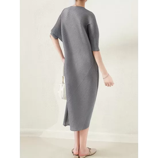 Stylish Irregularity Loose Pleated Solid Color Round-Neck Midi Dresses Stylish Irregularity Loose Pleated Solid Color Round-Neck Midi Dresses