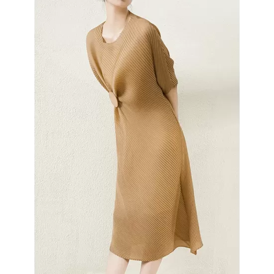 Stylish Irregularity Loose Pleated Solid Color Round-Neck Midi Dresses Stylish Irregularity Loose Pleated Solid Color Round-Neck Midi Dresses