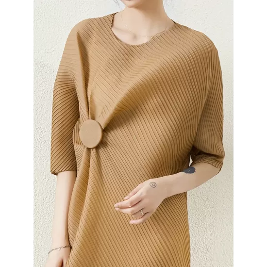 Stylish Irregularity Loose Pleated Solid Color Round-Neck Midi Dresses Stylish Irregularity Loose Pleated Solid Color Round-Neck Midi Dresses