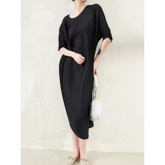 Stylish Irregularity Loose Pleated Solid Color Round-Neck Midi Dresses Stylish Irregularity Loose Pleated Solid Color Round-Neck Midi Dresses