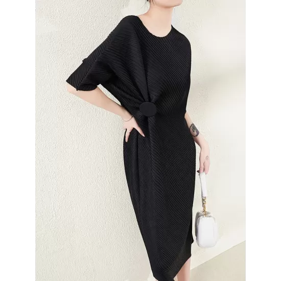 Stylish Irregularity Loose Pleated Solid Color Round-Neck Midi Dresses Stylish Irregularity Loose Pleated Solid Color Round-Neck Midi Dresses