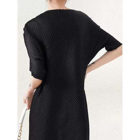 Stylish Irregularity Loose Pleated Solid Color Round-Neck Midi Dresses Stylish Irregularity Loose Pleated Solid Color Round-Neck Midi Dresses