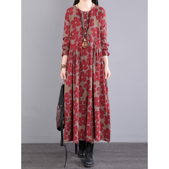 Casual Long Sleeves Loose Floral Printed Round-Neck Midi Dresses Casual Long Sleeves Loose Floral Printed Round-Neck Midi Dresses