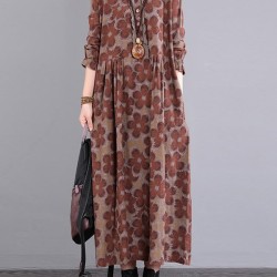 Casual Long Sleeves Loose Floral Printed Round-Neck Midi Dresses