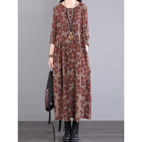 Casual Long Sleeves Loose Floral Printed Round-Neck Midi Dresses Casual Long Sleeves Loose Floral Printed Round-Neck Midi Dresses