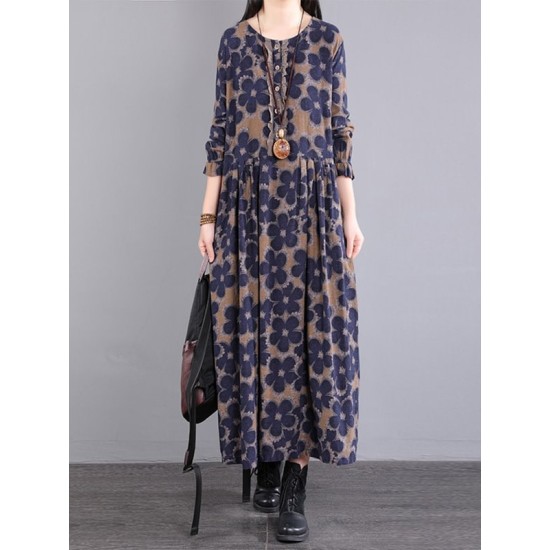 Casual Long Sleeves Loose Floral Printed Round-Neck Midi Dresses Casual Long Sleeves Loose Floral Printed Round-Neck Midi Dresses
