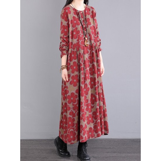 Casual Long Sleeves Loose Floral Printed Round-Neck Midi Dresses Casual Long Sleeves Loose Floral Printed Round-Neck Midi Dresses