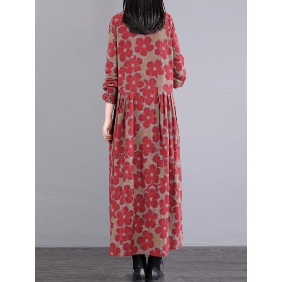 Casual Long Sleeves Loose Floral Printed Round-Neck Midi Dresses Casual Long Sleeves Loose Floral Printed Round-Neck Midi Dresses