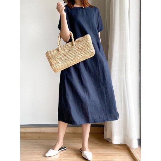 Casual Loose Solid Color Round-Neck Midi Dresses Casual Loose Solid Color Round-Neck Midi Dresses