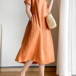 Casual Loose Solid Color Round-Neck Midi Dresses