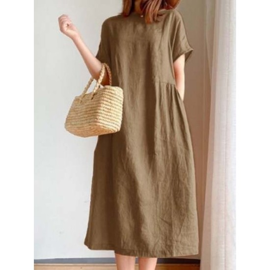 Casual Loose Solid Color Round-Neck Midi Dresses Casual Loose Solid Color Round-Neck Midi Dresses
