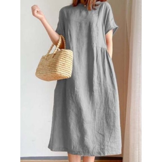 Casual Loose Solid Color Round-Neck Midi Dresses Casual Loose Solid Color Round-Neck Midi Dresses