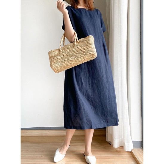 Casual Loose Solid Color Round-Neck Midi Dresses Casual Loose Solid Color Round-Neck Midi Dresses