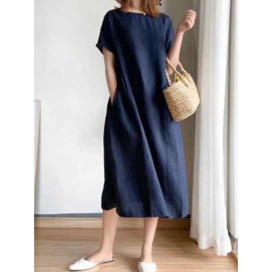Casual Loose Solid Color Round-Neck Midi Dresses Casual Loose Solid Color Round-Neck Midi Dresses